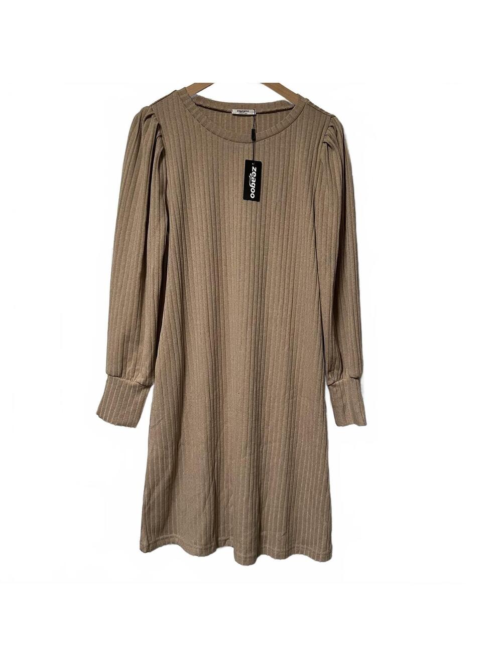 NWT Zeagoo Taupe Ribbed Knit Puff Sleeve Sweater Dress Women’s Size Large